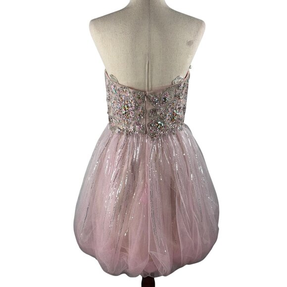 Tony Bowls Jeweled & Lace Bodice Pink Tulle & Silver Short Bubble Dress … - Picture 10 of 13